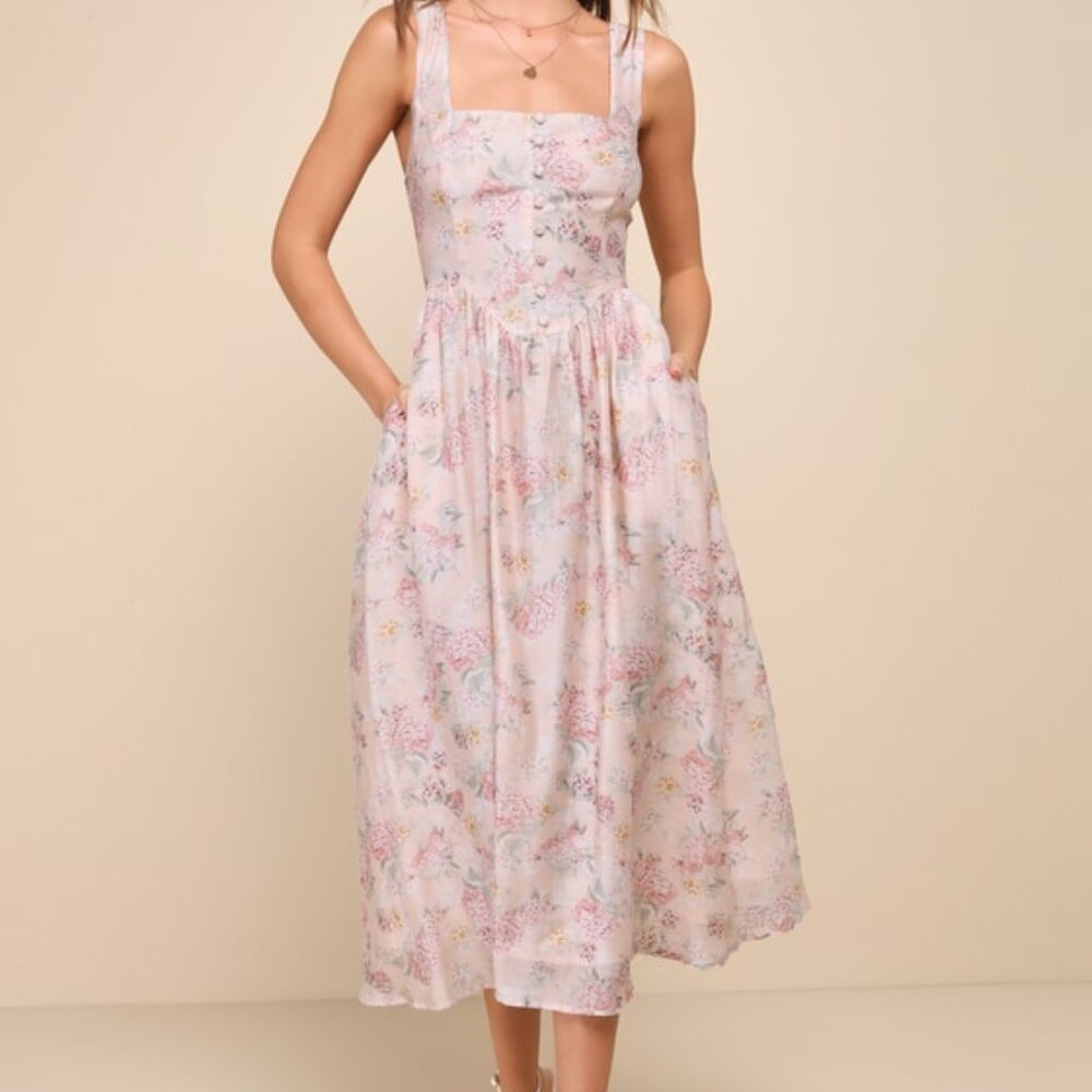 Lulus Darling Adoration Blush Pink Floral Midi Dress With Pockets - Size XL